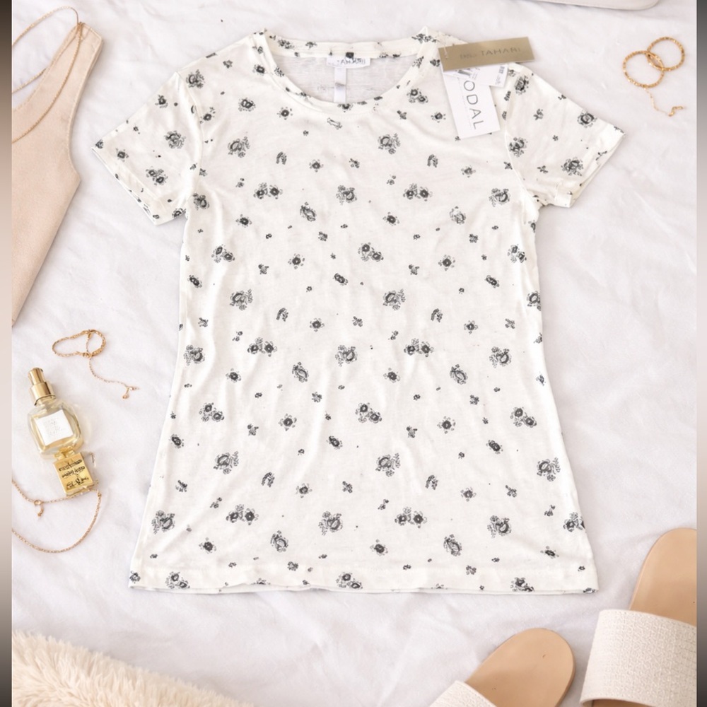 NWT Tahari Tee Shirt Flowers Black White Small Cotton Modal